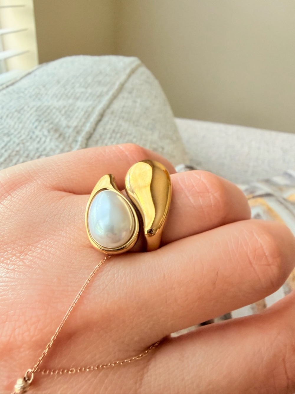Gold Pearl Teardrop Statement Ring Stainless Steel Waterproof - Picture 6 of 6